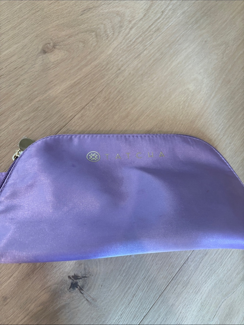 Tatcha Lavender Satin Cosmetic Case with Gold Logo